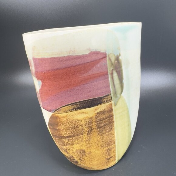 Vintage Hand Made Pottery Vase Vessel Flat Side Stoneware Art Marked Vase Vessel - Picture 10 of 13